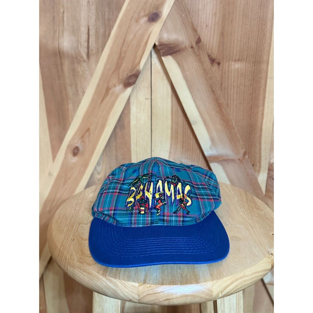 Vintage 90s Bahamas Plaid Snapback Hat Embroidered Souvenir Cap Trucker Hat